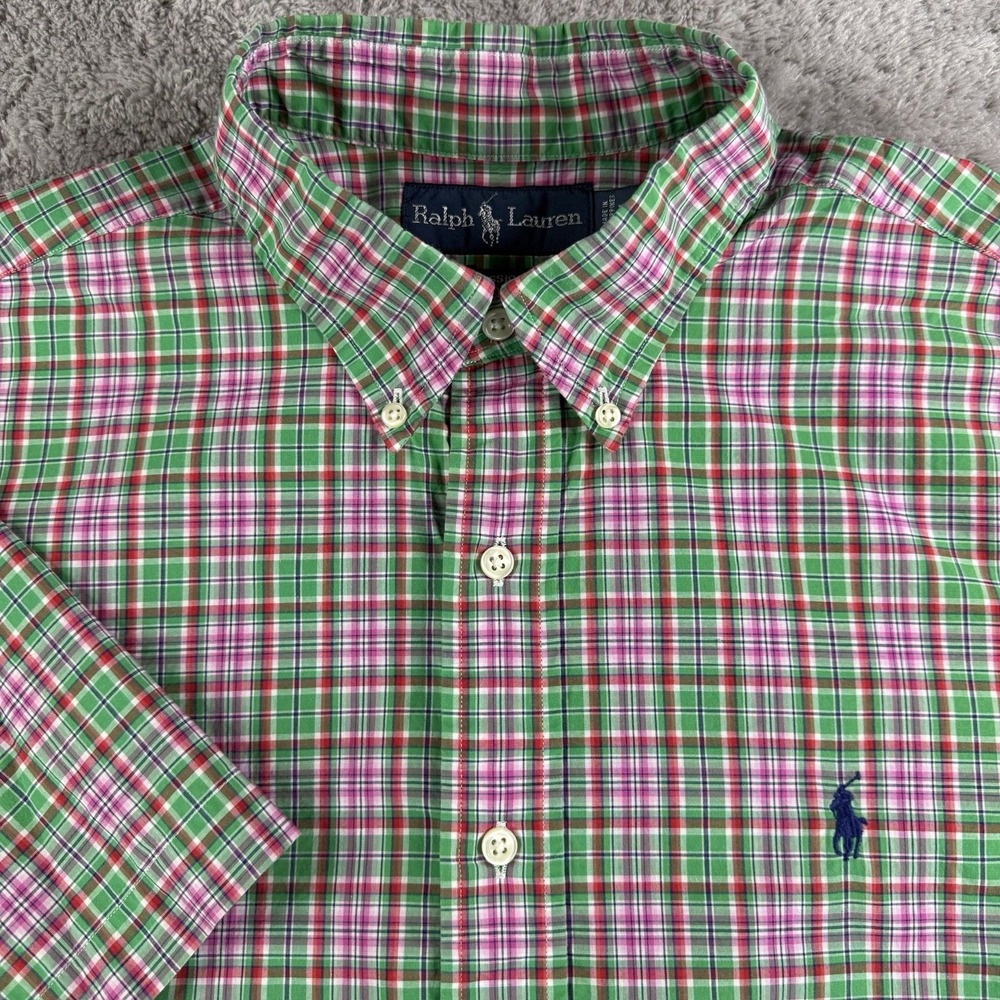 Ralph Lauren Mens Button Up Shirt Sz L Classic Fit Short Sleeve Green Pink Plaid